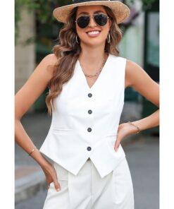 White Solid Color Button up V Neck Suit Vest - S - Image 5