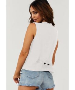 White Solid Color Button up V Neck Suit Vest - S - Image 6