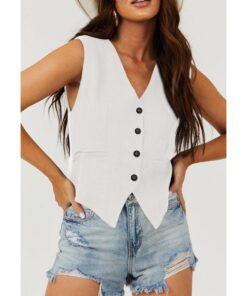 White Solid Color Button up V Neck Suit Vest - S - Image 7