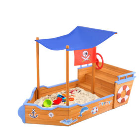 Keezi Wooden Boat Sandpit with Canopy Bench Seat – image 1