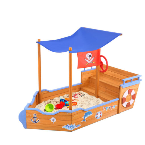 Keezi Wooden Boat Sandpit with Canopy Bench Seat – image 1