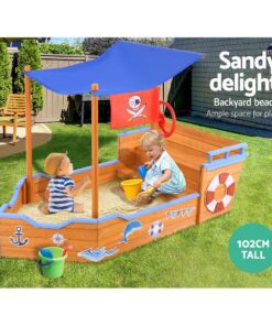 Keezi Wooden Boat Sandpit with Canopy Bench Seat - Image 3