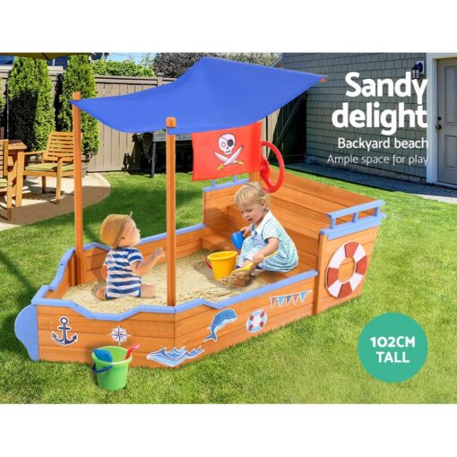 Keezi Wooden Boat Sandpit with Canopy Bench Seat – image 3