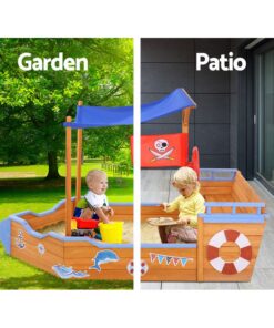 Keezi Wooden Boat Sandpit with Canopy Bench Seat - Image 4
