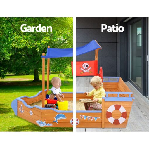 Keezi Wooden Boat Sandpit with Canopy Bench Seat – image 4
