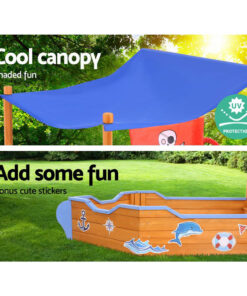 Keezi Wooden Boat Sandpit with Canopy Bench Seat - Image 5