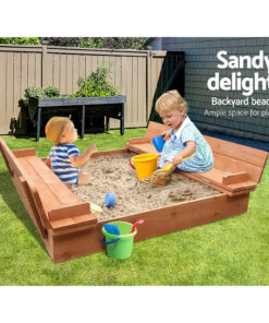 Keezi Wooden Kids Sandpit with Fold-Down Seats - Image 4