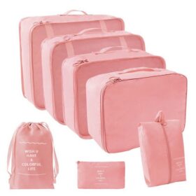 7 Piece Waterproof Nylon Packing Cube Set, Pink – image 1