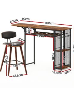 Artiss Bar Table Set with Wine Rack and 2 Stools - Image 3
