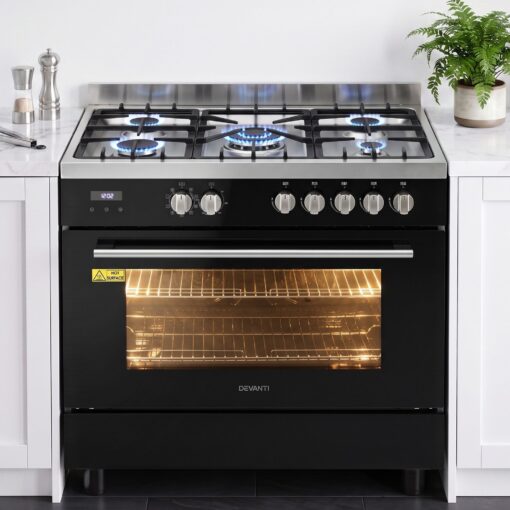 FDO-GAS-5B-BK-00.jpg Devanti 90cm Dual Fuel Cooker 5 Burner 121L Oven – image 1