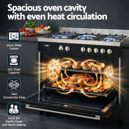Devanti 90cm Dual Fuel Cooker 5 Burner 121L Oven – image 5