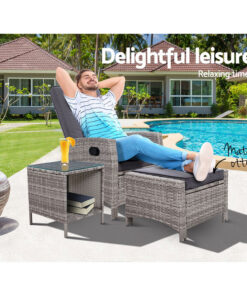 Gardeon 3pc Wicker Recliner Set, 5-Position - Image 3
