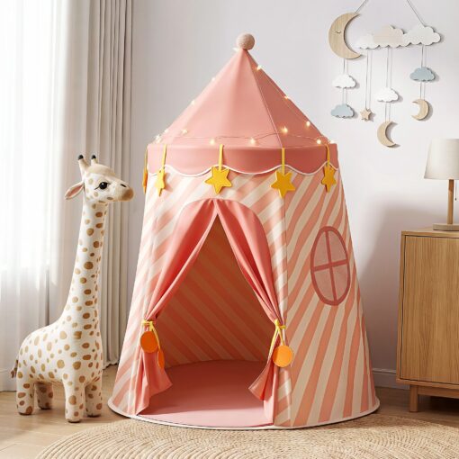 TENT-PLAY-120CM-PK-00.jpg Keezi Kids Play Tent with Star Lights and Window Carry Bag 116cmx153cm Playhouse – image 1