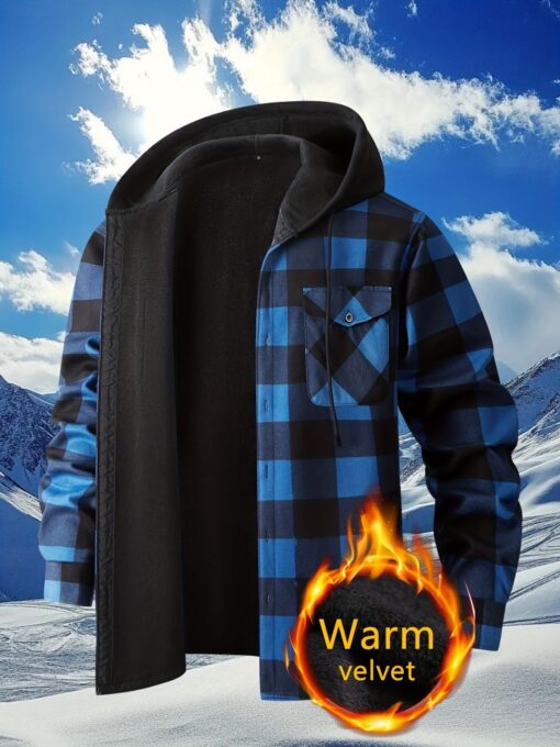 Plaid Hooded Jacket with Velvet Lining Red XL – image 1