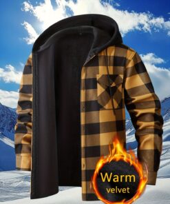 Plaid Hooded Jacket with Velvet Lining Red XL - Image 3