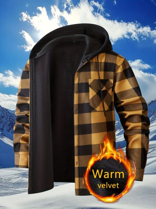 Plaid Hooded Jacket with Velvet Lining Red XL – image 3
