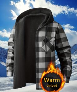 Plaid Hooded Jacket with Velvet Lining Red XL - Image 4