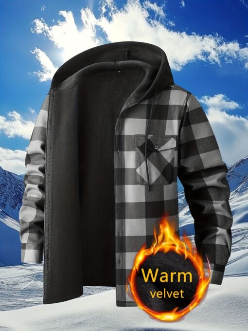 Plaid Hooded Jacket with Velvet Lining Red XL – image 4