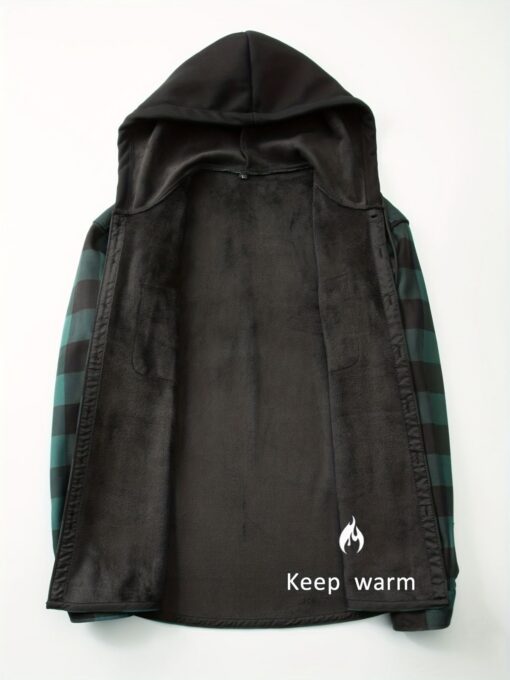 Plaid Hooded Jacket with Velvet Lining Red XL – image 5