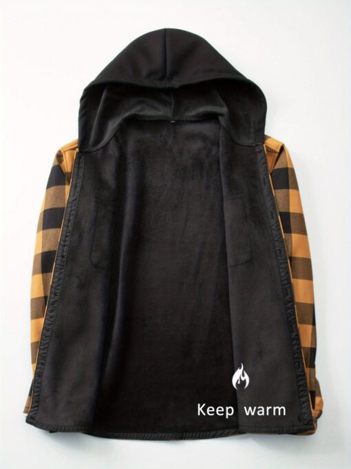 Plaid Hooded Jacket with Velvet Lining Red XL – image 6