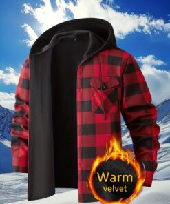 Plaid Hooded Jacket with Velvet Lining Red XL - Image 7
