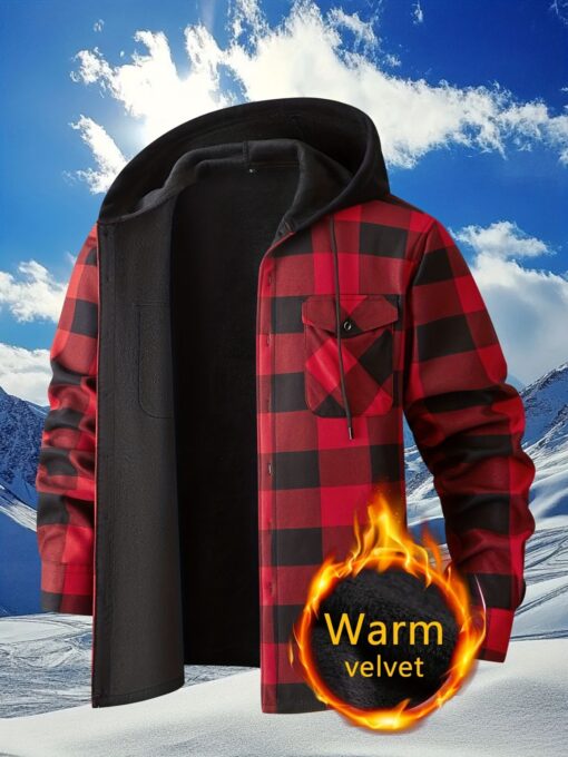 Plaid Hooded Jacket with Velvet Lining Red XL – image 7