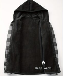 Plaid Hooded Jacket with Velvet Lining Red XL - Image 8
