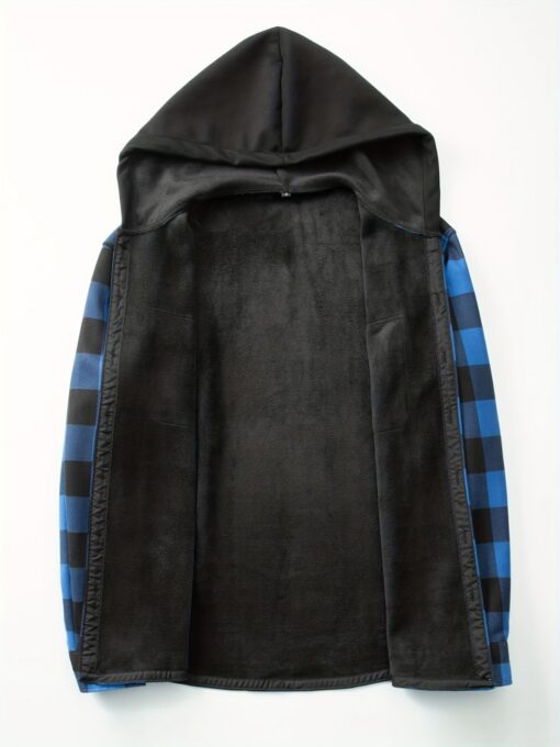 Plaid Hooded Jacket with Velvet Lining Red XL – image 9