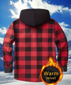 Plaid Hooded Jacket with Velvet Lining Red XL - Image 10