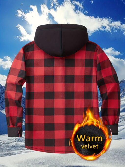 Plaid Hooded Jacket with Velvet Lining Red XL – image 10
