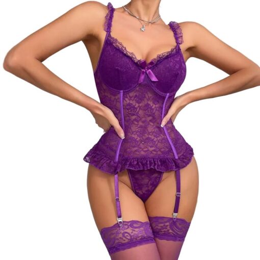 V1257-7UB46111100322-00.jpg House of Dasein Purple Lace Set with Stockings – image 1