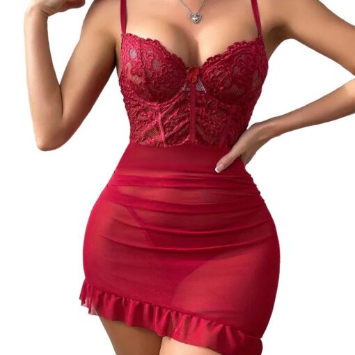 House Of Dasein Lace Mesh Lingerie Dress Wine Red – image 1