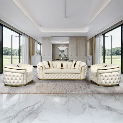 Melbournians Duke Beige Velvet Sofa Set with Gold Trim – image 2