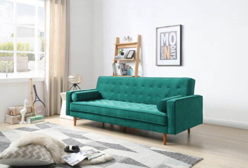 V43-SOF-MARC-GRN-01-00.jpg 3 Seater Green Velvet Sofa Bed with Button Tufting – image 1