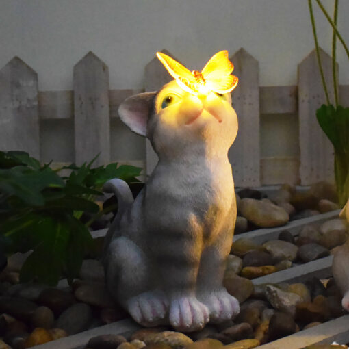 Elosung Cat & Butterfly Solar Garden Statue with LEDs – image 1