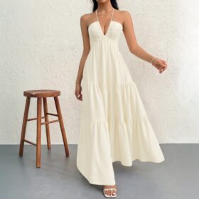 Elosung Apricot Halter Maxi Dress with Open Back – image 1