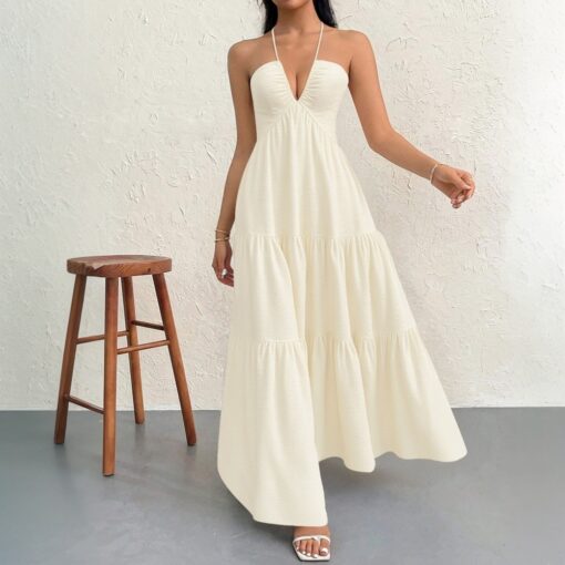 Elosung Apricot Halter Maxi Dress with Open Back – image 1