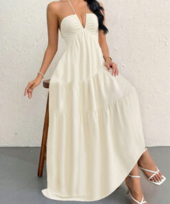 Elosung Apricot Halter Maxi Dress with Open Back - Image 3
