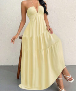 Elosung Yellow Halter Maxi Dress, Open Back - Image 3