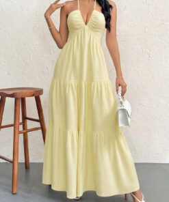 Elosung Yellow Halter Maxi Dress, Open Back - Image 5