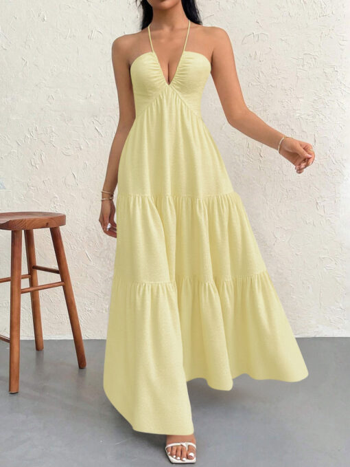 Elosung Apricot Backless Halter Maxi Dress – image 1