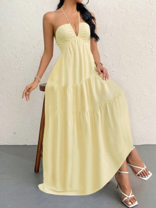 Elosung Apricot Backless Halter Maxi Dress – image 3