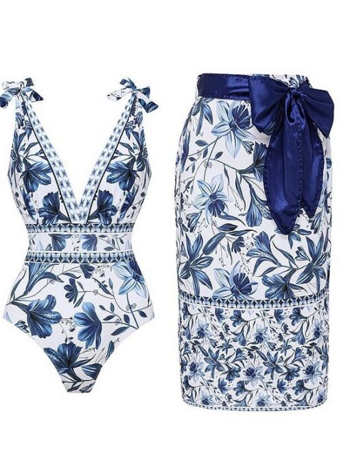Elosung Floral One-Piece Swimsuit Set with Wrap Skirt – image 1