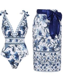 Elosung Floral One-Piece Swimsuit Set with Wrap Skirt