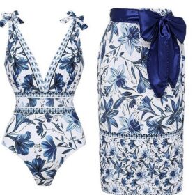 Elosung Floral One-Piece Swimsuit Set with Wrap Skirt – image 1
