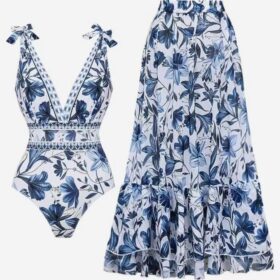 Elosung Floral One-Piece Swimsuit Set with Long Dress – image 1
