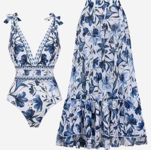 Elosung Floral One-Piece Swimsuit Set with Long Dress – image 1