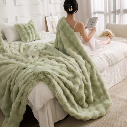 Elosung Green Double Sided Bubble Fur Blanket Set – image 2
