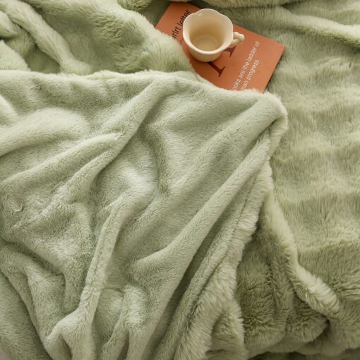 Elosung Green Double Sided Bubble Fur Blanket Set – image 3