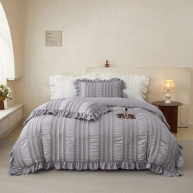Elosung Grey Seersucker Ruffle Duvet Cover – image 1